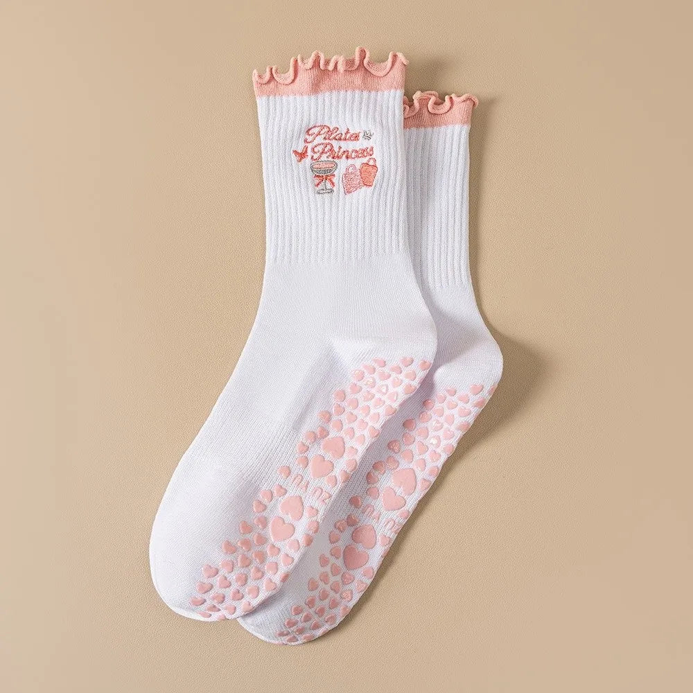 Fashion Non-Slip Grip Pilates Socks Breathable High-elastic Yoga Socks Sweat-absorbent Ruffled Edge Floor Socks for Women