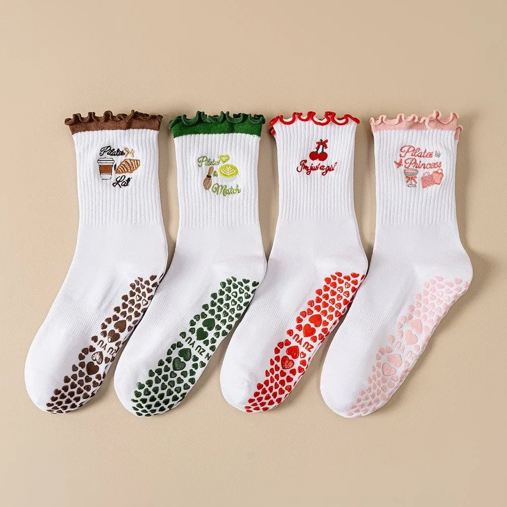 Fashion Non-Slip Grip Pilates Socks Breathable High-elastic Yoga Socks Sweat-absorbent Ruffled Edge Floor Socks for Women