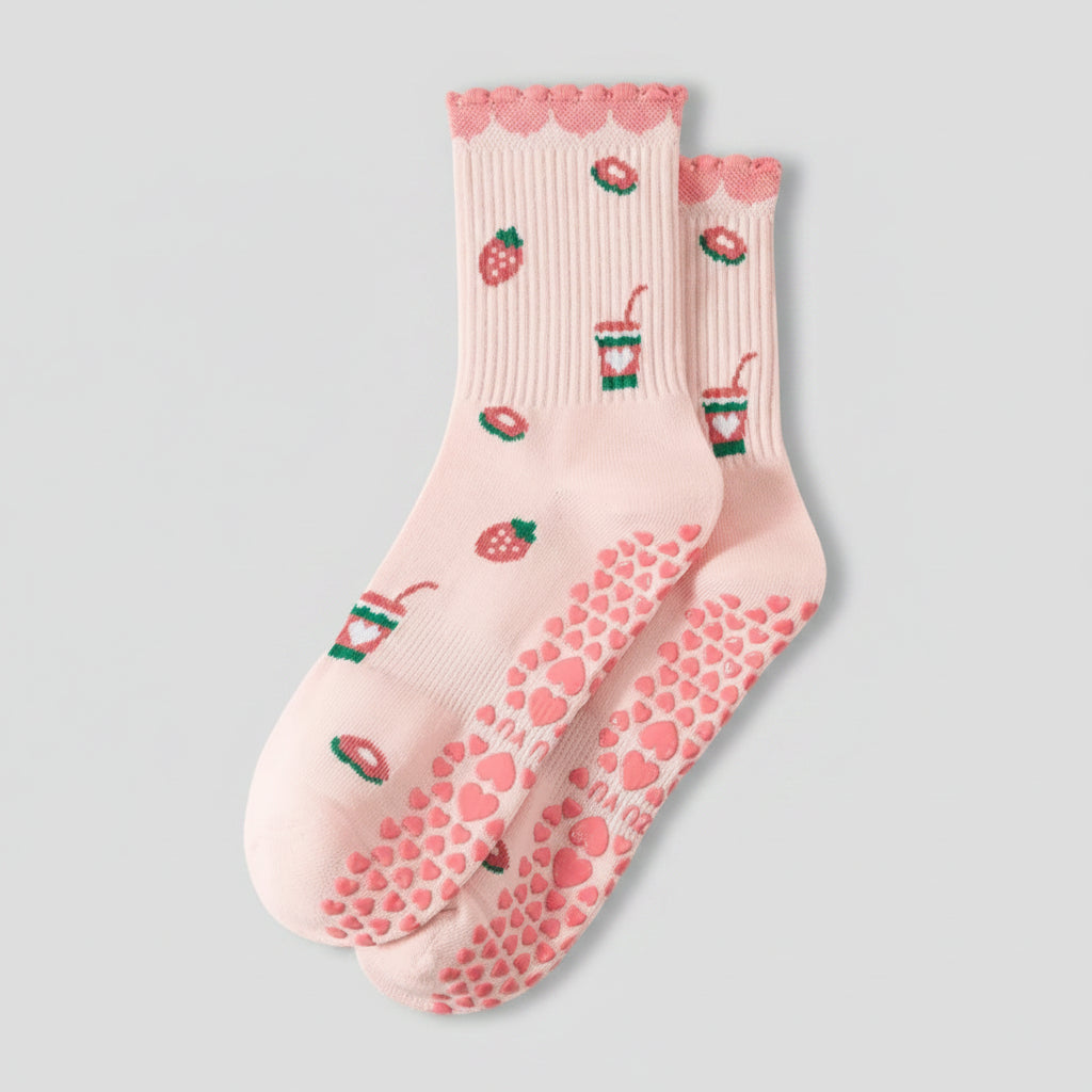 Sol & Core Strawberry Matcha Ruffle Grip Socks — Non-Slip Pilates and Studio Socks
