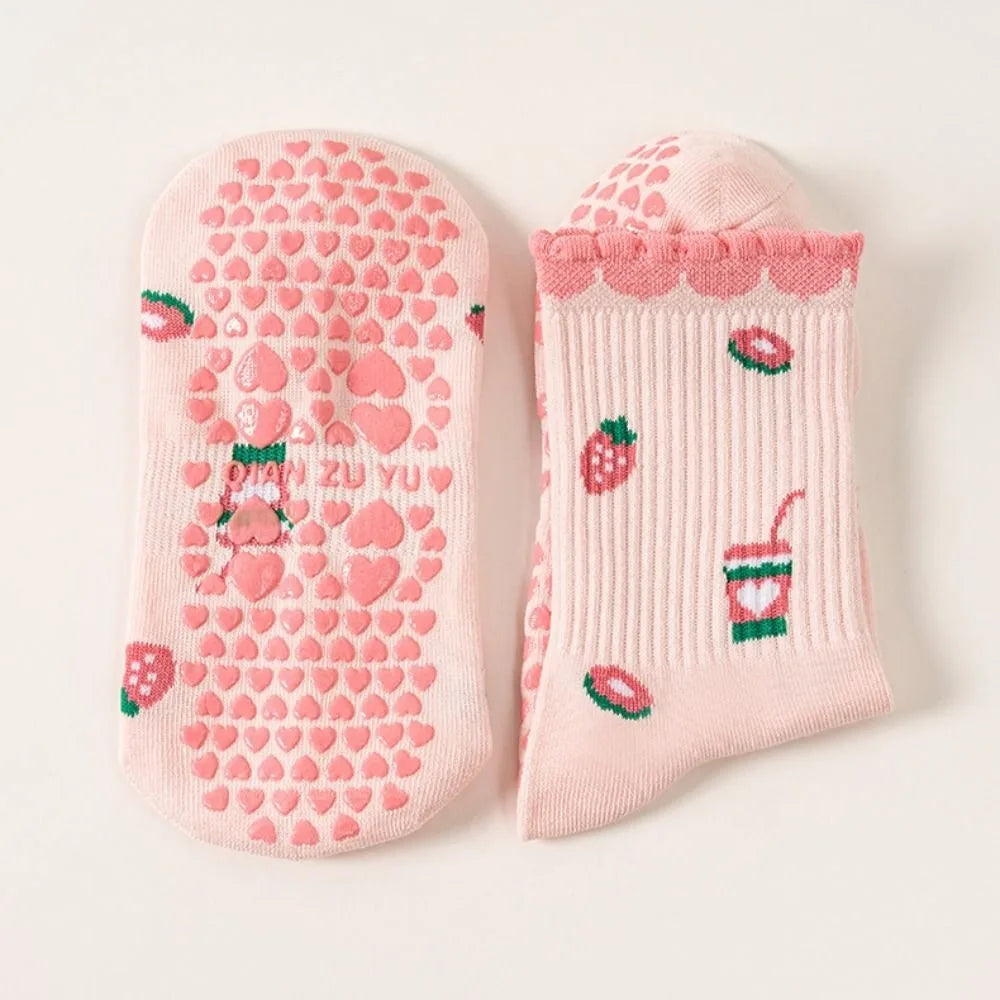 Sol & Core Strawberry Matcha Ruffle Grip Socks — Non-Slip Pilates and Studio Socks