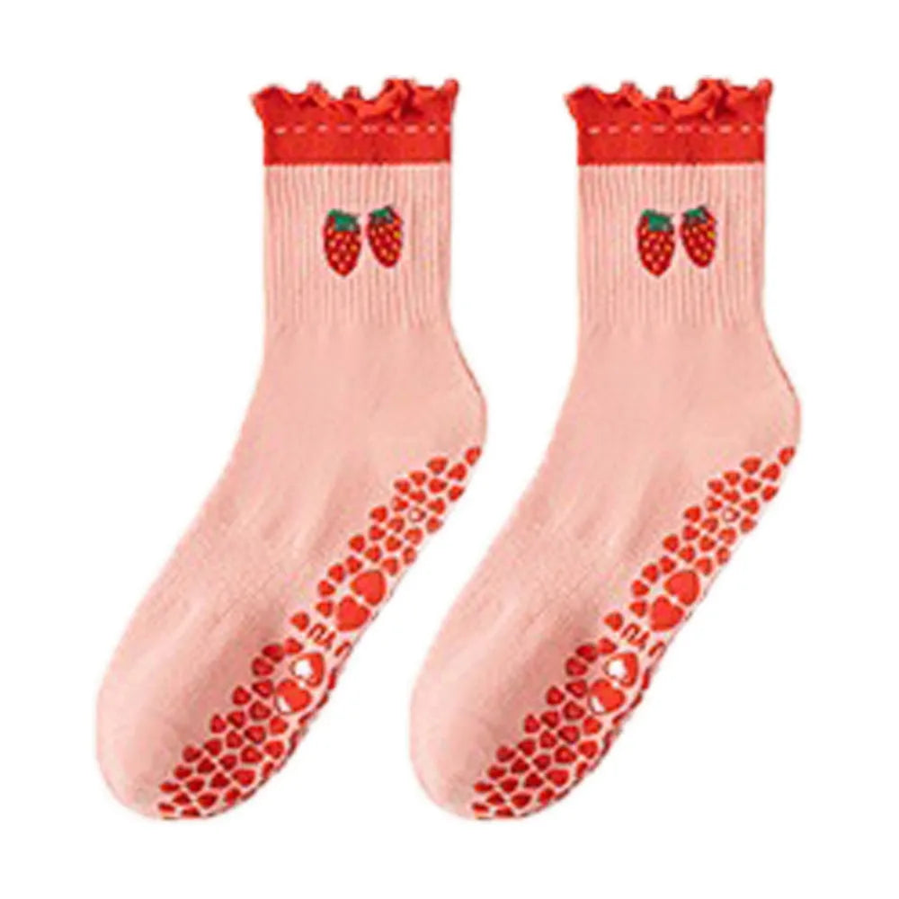 New Cotton Pilates Socks Harajuku Street Sweat-absorbent Cherry Embroidery Socks Breathable Non-Slip Grip Yoga Socks