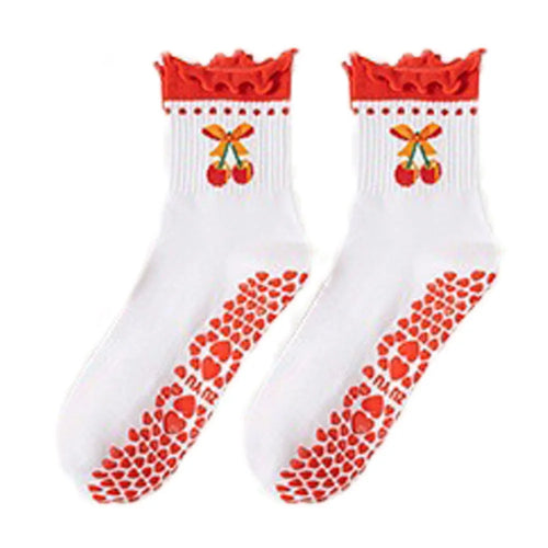 New Cotton Pilates Socks Harajuku Street Sweat-absorbent Cherry Embroidery Socks Breathable Non-Slip Grip Yoga Socks