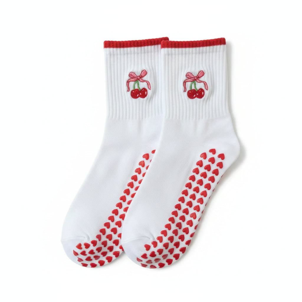New Cotton Pilates Socks Harajuku Street Breathable Cherry Embroidery Socks Sweat-absorbent Casual Yoga Socks