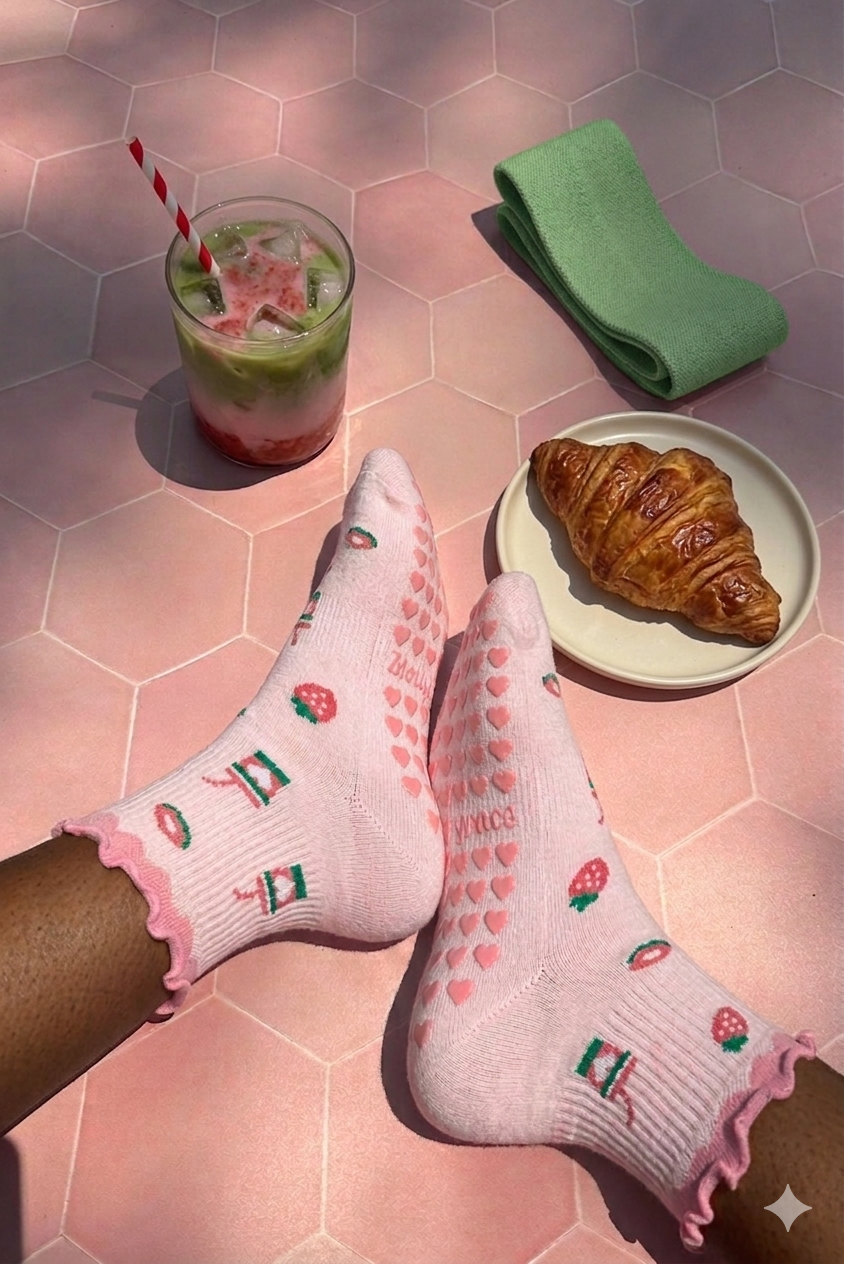 Sol & Core Strawberry Matcha Ruffle Grip Socks — Non-Slip Pilates and Studio Socks