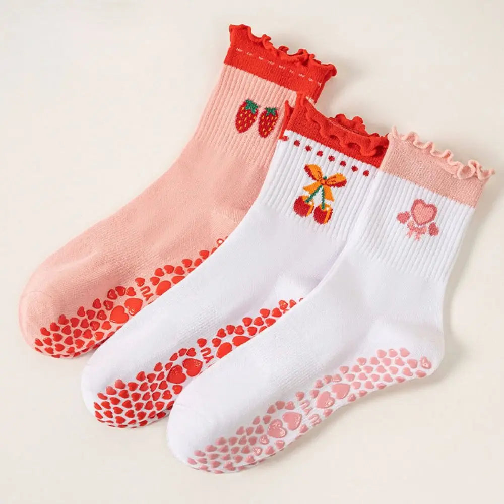 New Cotton Pilates Socks Harajuku Street Sweat-absorbent Cherry Embroidery Socks Breathable Non-Slip Grip Yoga Socks