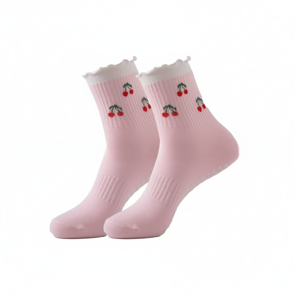 New Cotton Pilates Socks Harajuku Street Breathable Cherry Embroidery Socks Sweat-absorbent Casual Yoga Socks